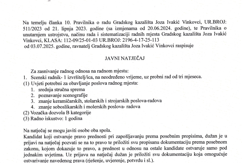 Javni natječaj – scenski radnik, 1 izvršitelj/izvršiteljica