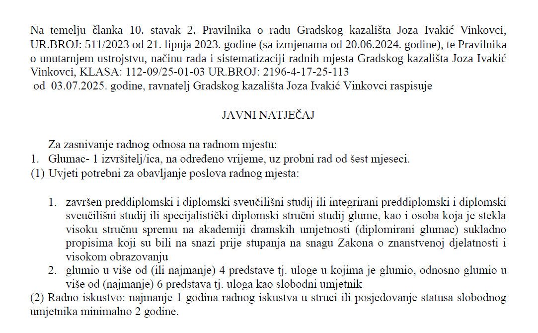 Javni natječaj – GLUMAC, 1 izvršitelj/izvršiteljica